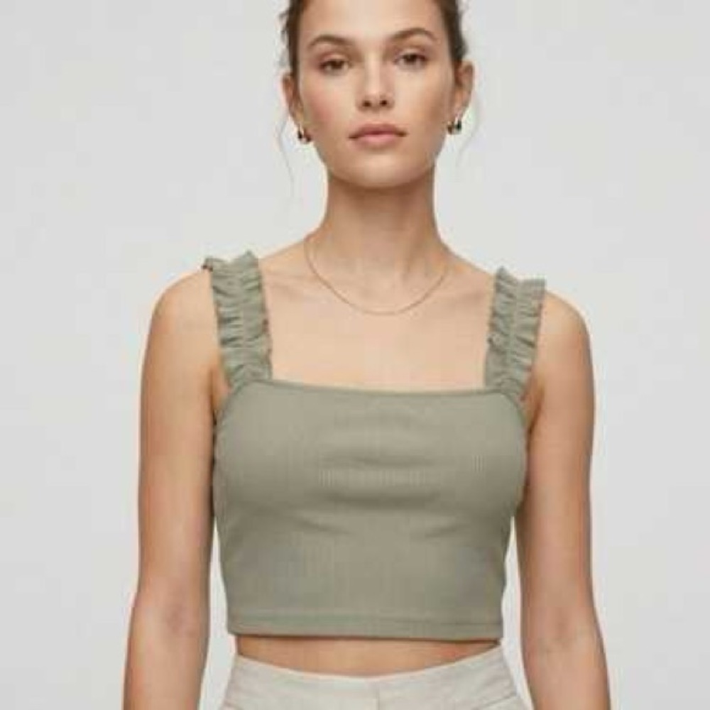 Sunday Best Olive Green Ruffled Strap Ribbed Crop Top